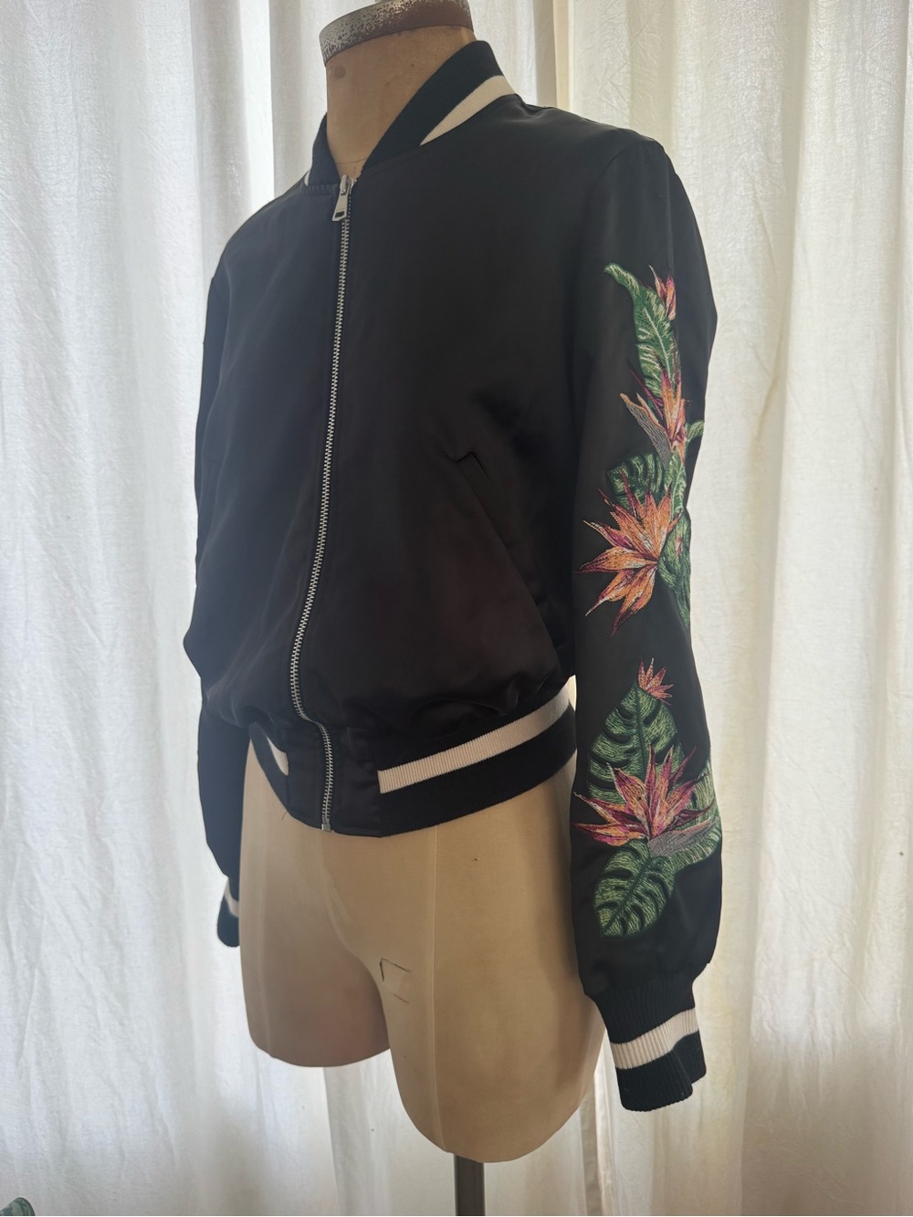 bebe Black Bomber Y2K Jacket with Embroidered Sleeves